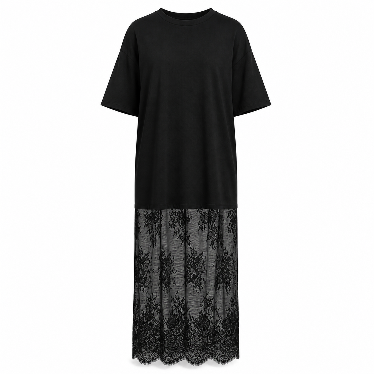 Black oversized lace-hem T-shirt maxi dress