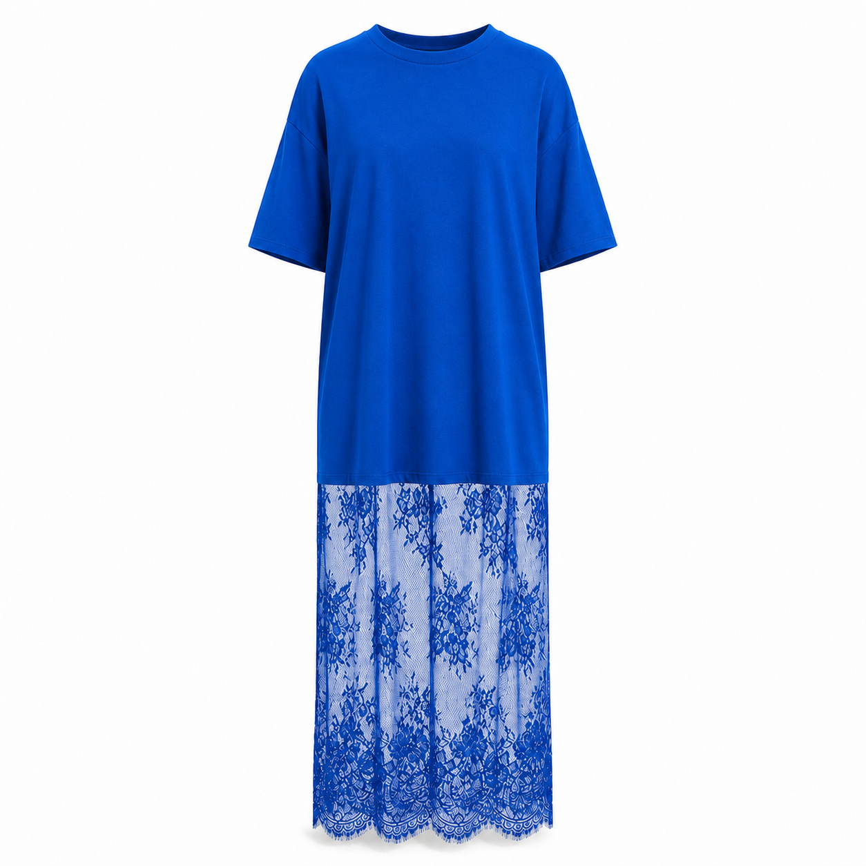 Blue oversized lace-hem T-shirt maxi dress