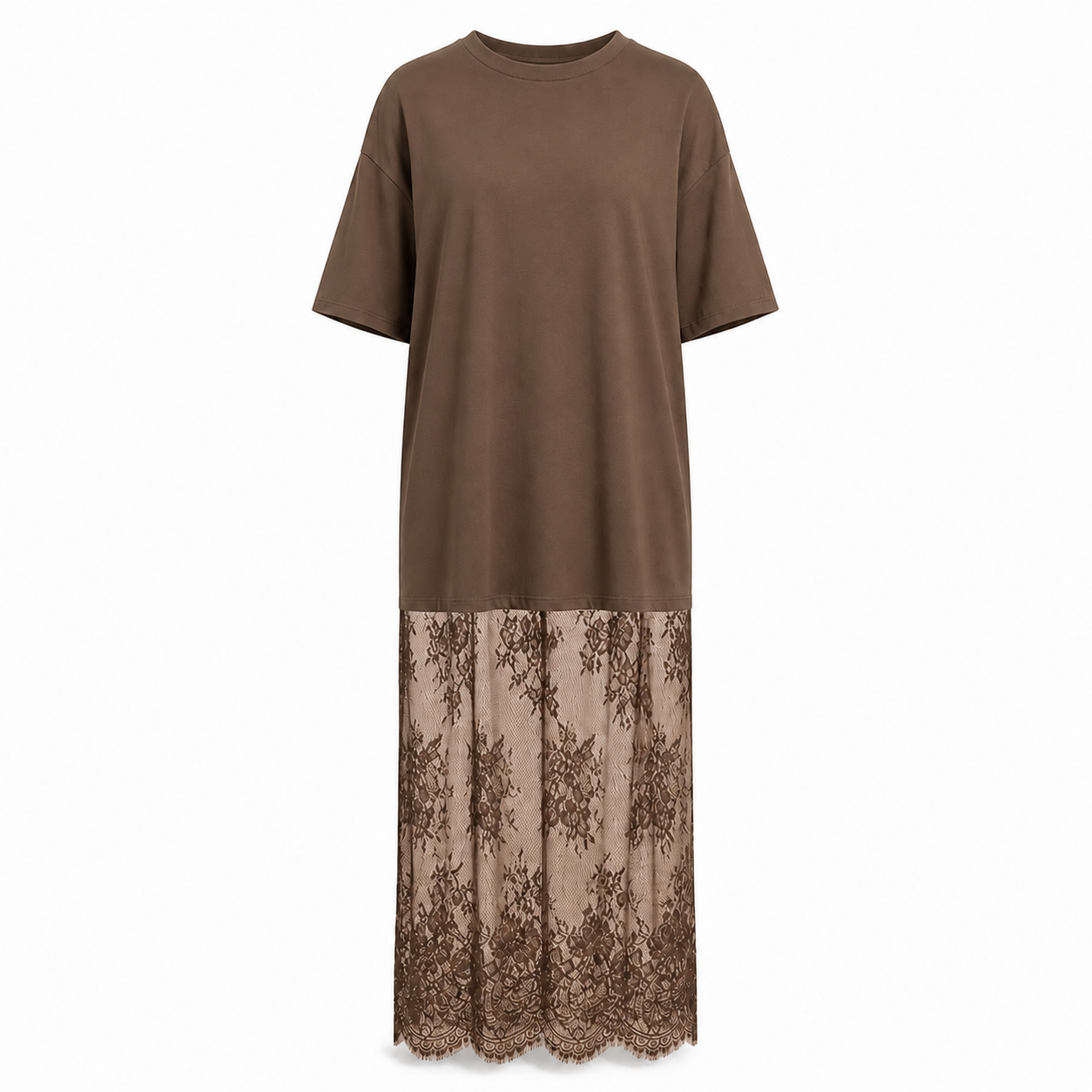 Coffee oversized lace-hem T-shirt maxi dress