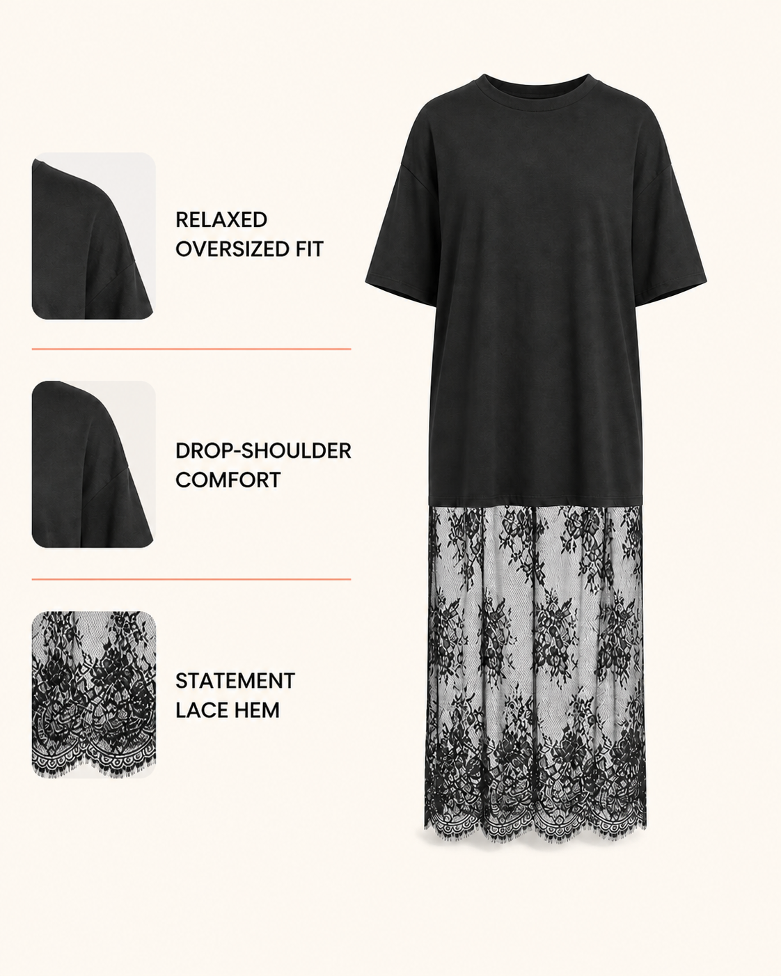Oversized lace-hem T-shirt maxi dress features