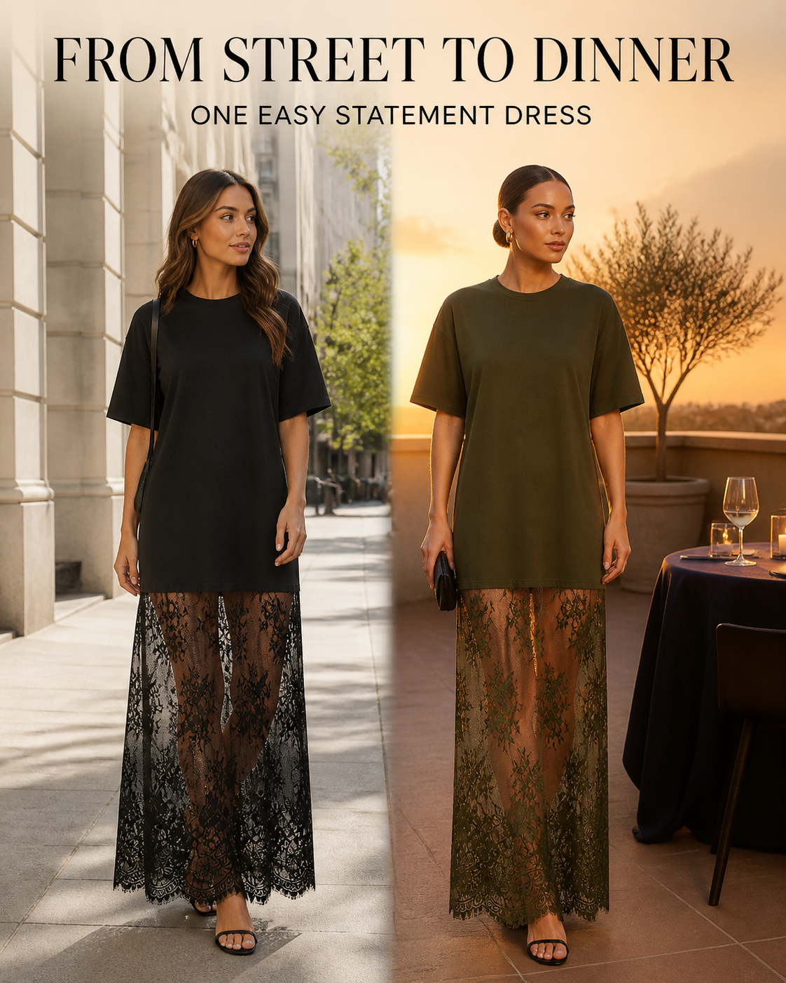 Oversized lace-hem maxi dress from street to dinner