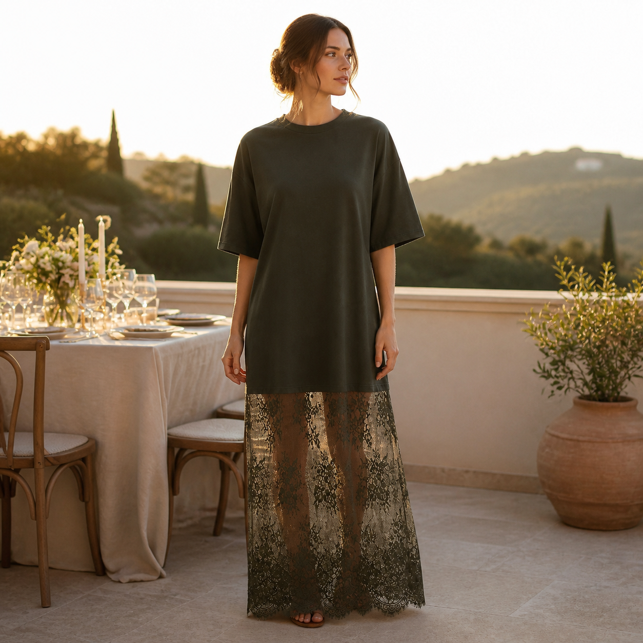 Green oversized lace-hem T-shirt maxi dress for dinner