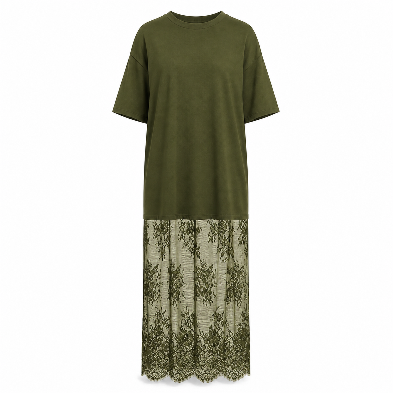 Green oversized lace-hem T-shirt maxi dress
