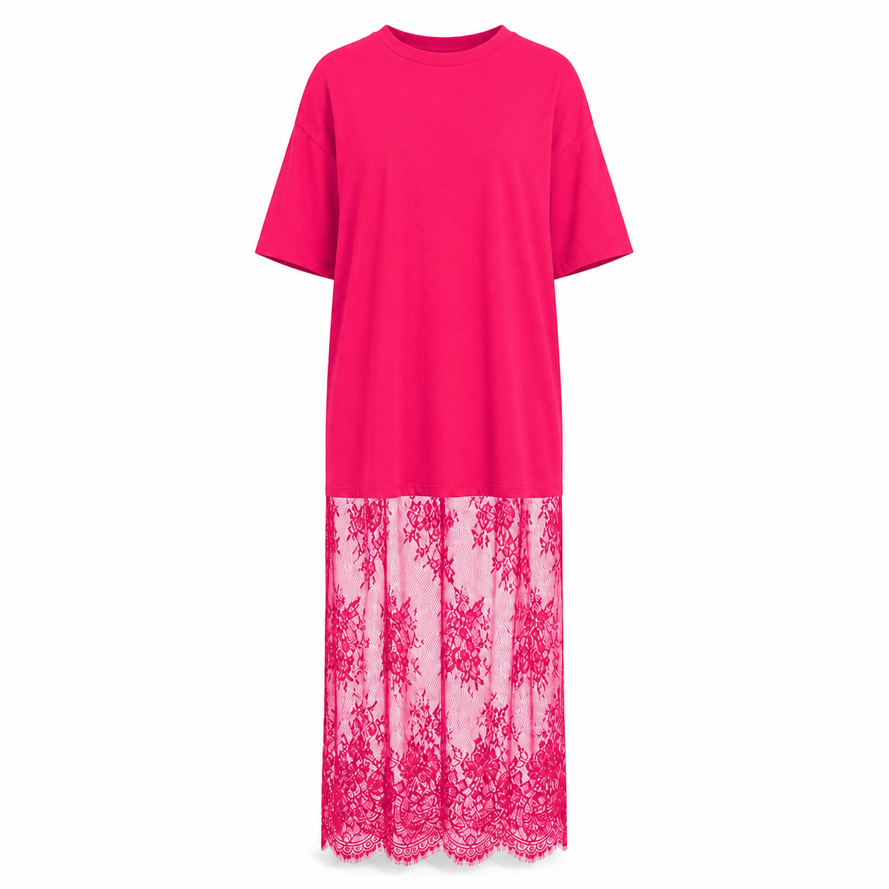 Hot Pink oversized lace-hem T-shirt maxi dress
