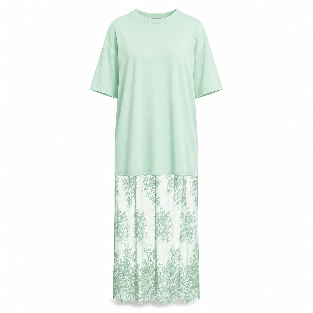 Mint oversized lace-hem T-shirt maxi dress
