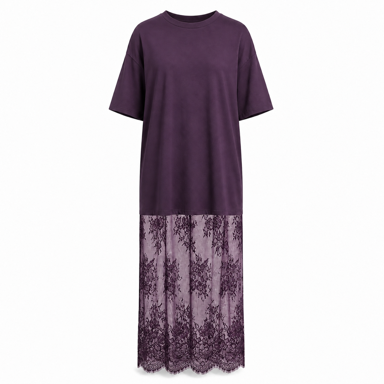 Purple oversized lace-hem T-shirt maxi dress