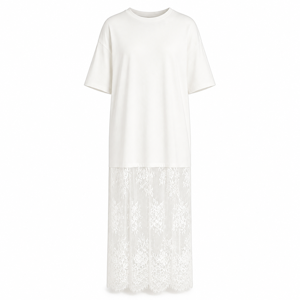 White oversized lace-hem T-shirt maxi dress