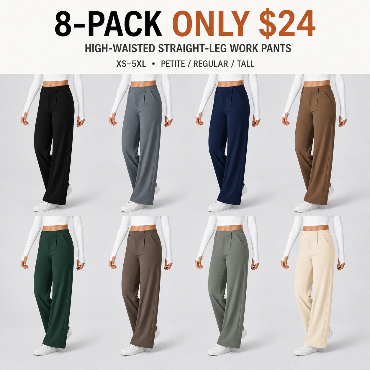 8-Pack women's high-waisted straight-leg stretch work pants for $24