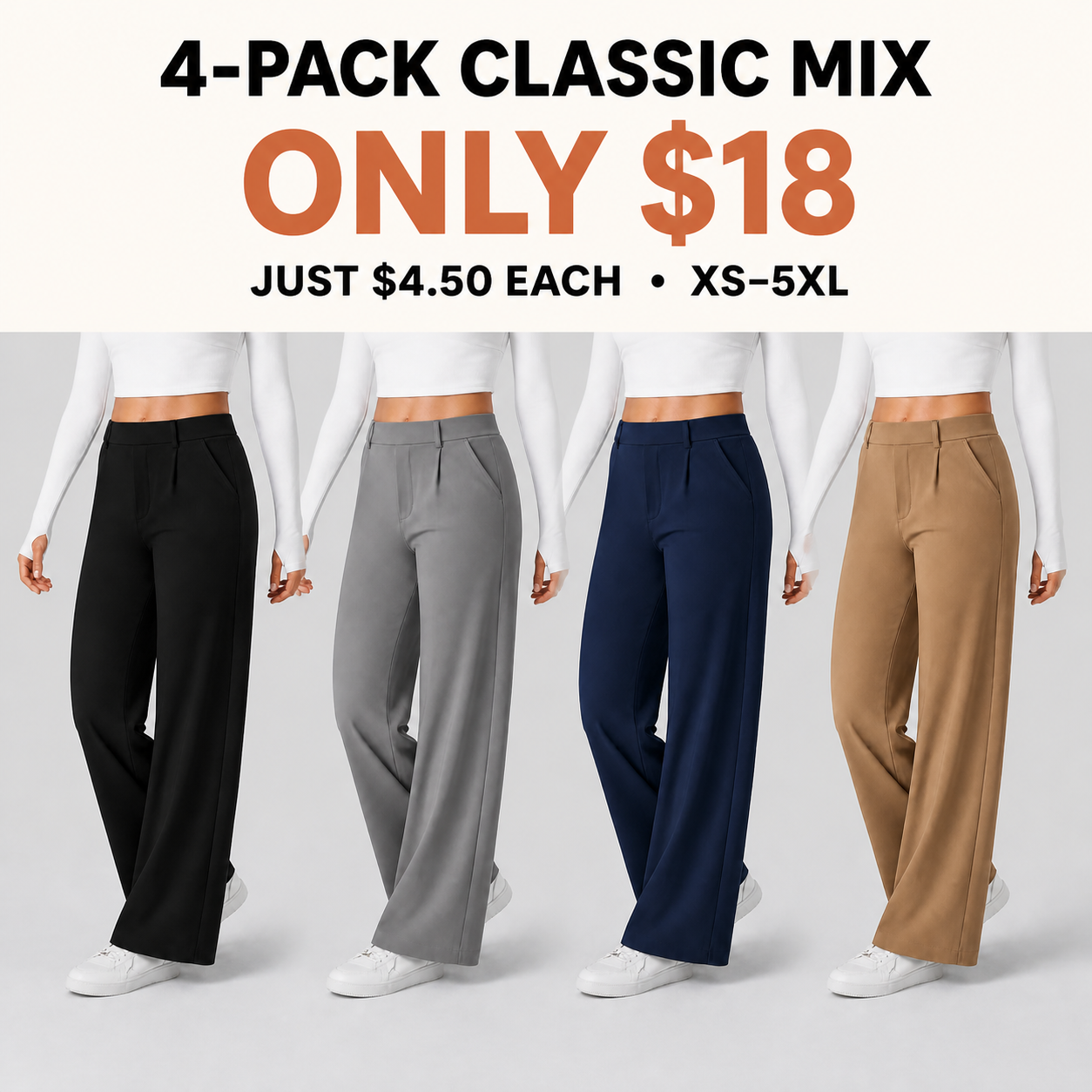 4-Pack Classic Mix women's straight-leg stretch work pants for $18