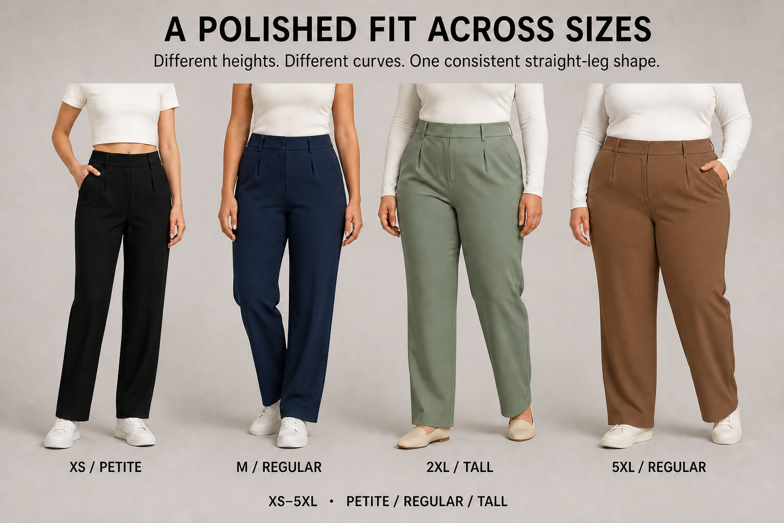 Four adult body types wearing women's straight-leg work pants in XS through 5XL