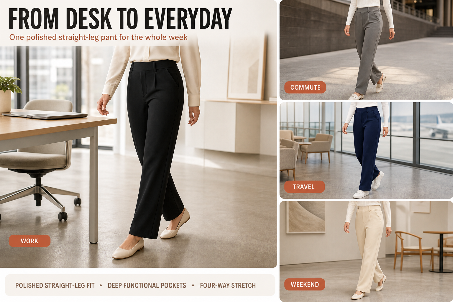 Women's straight-leg work pants for work commute travel and weekend