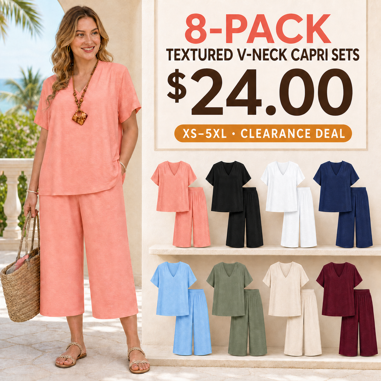 8-Pack women's textured V-neck top and capri pants set promotion