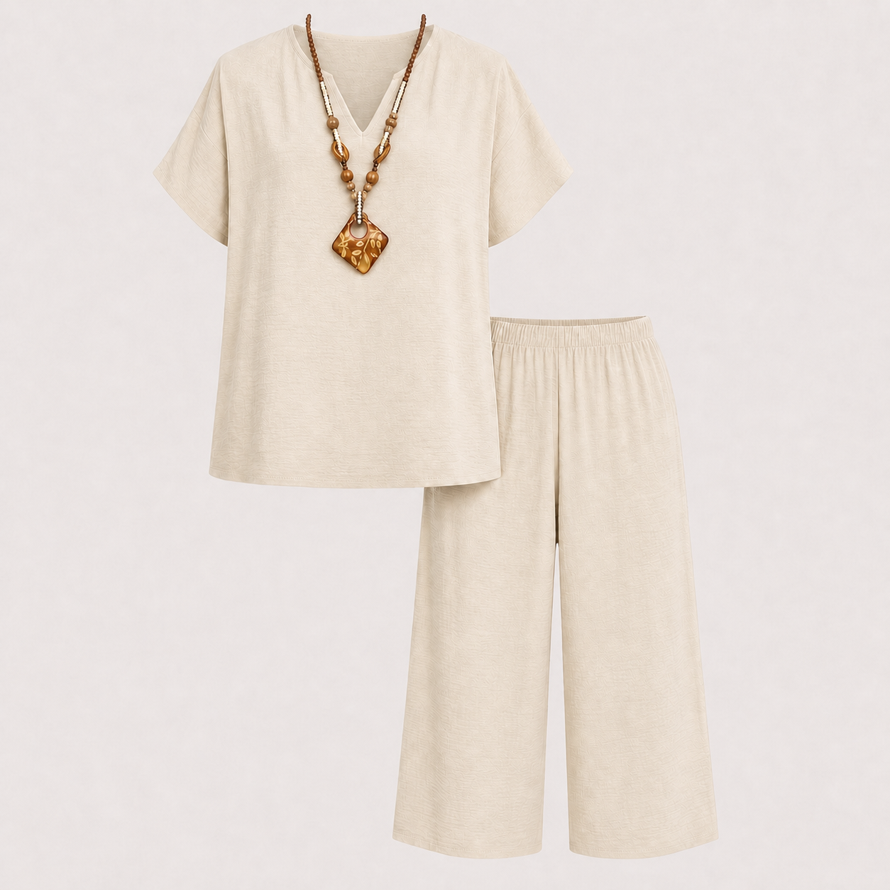 Beige textured V-neck top and capri pants set