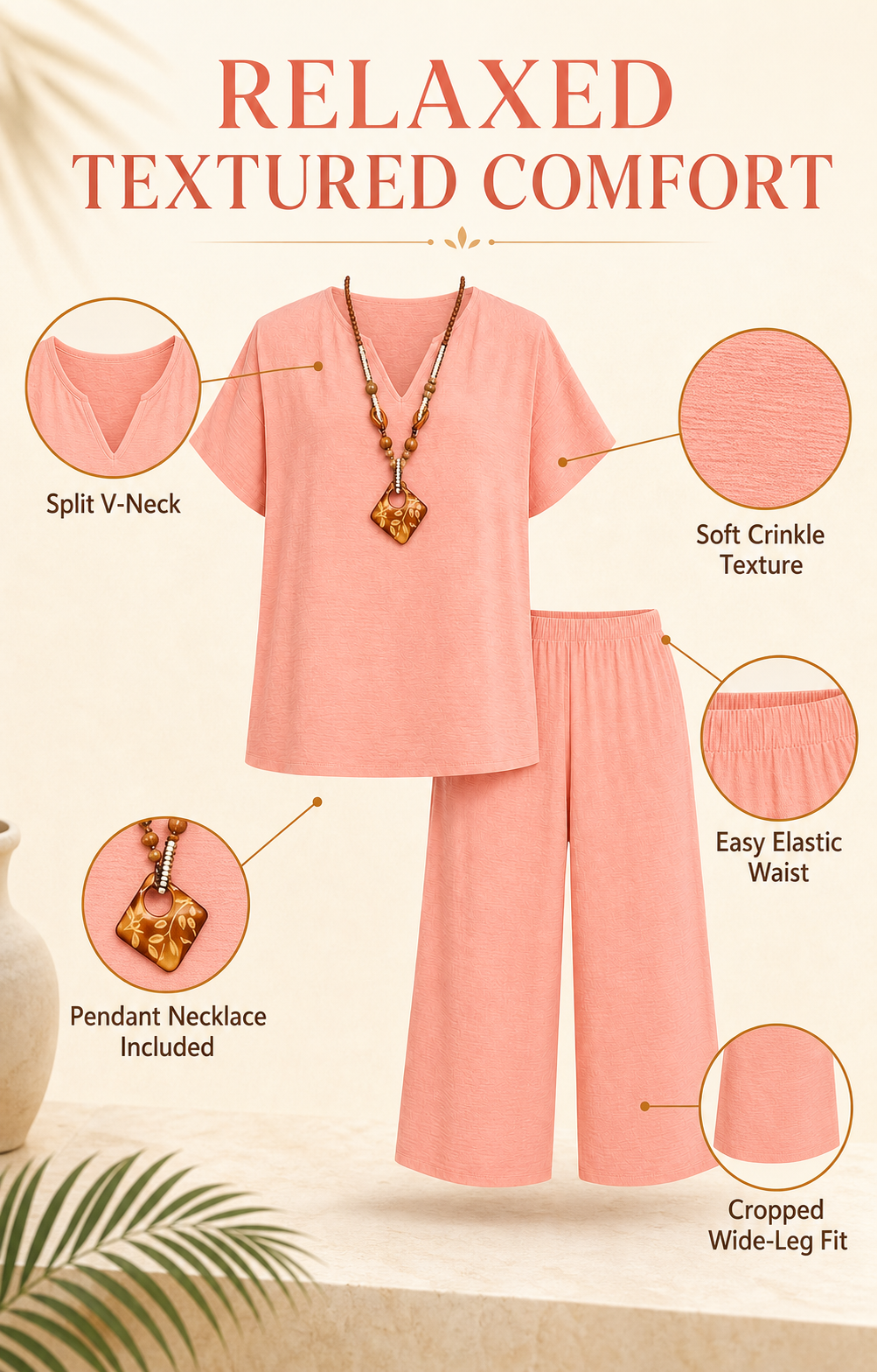 Textured V-neck capri set and included pendant features