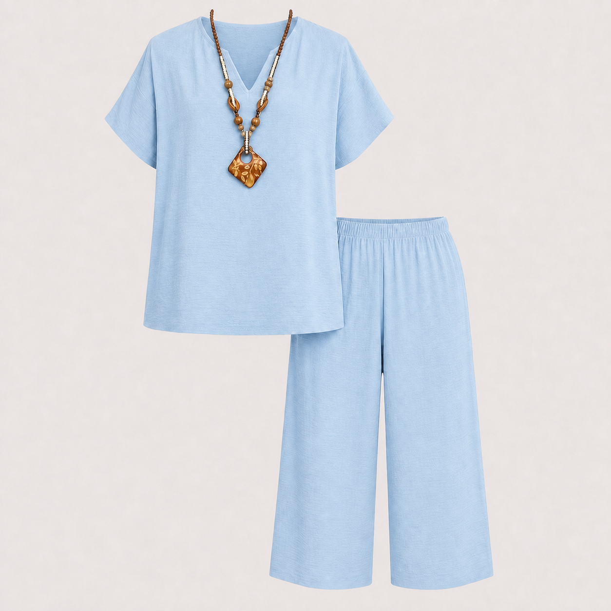Light Blue textured V-neck top and capri pants set