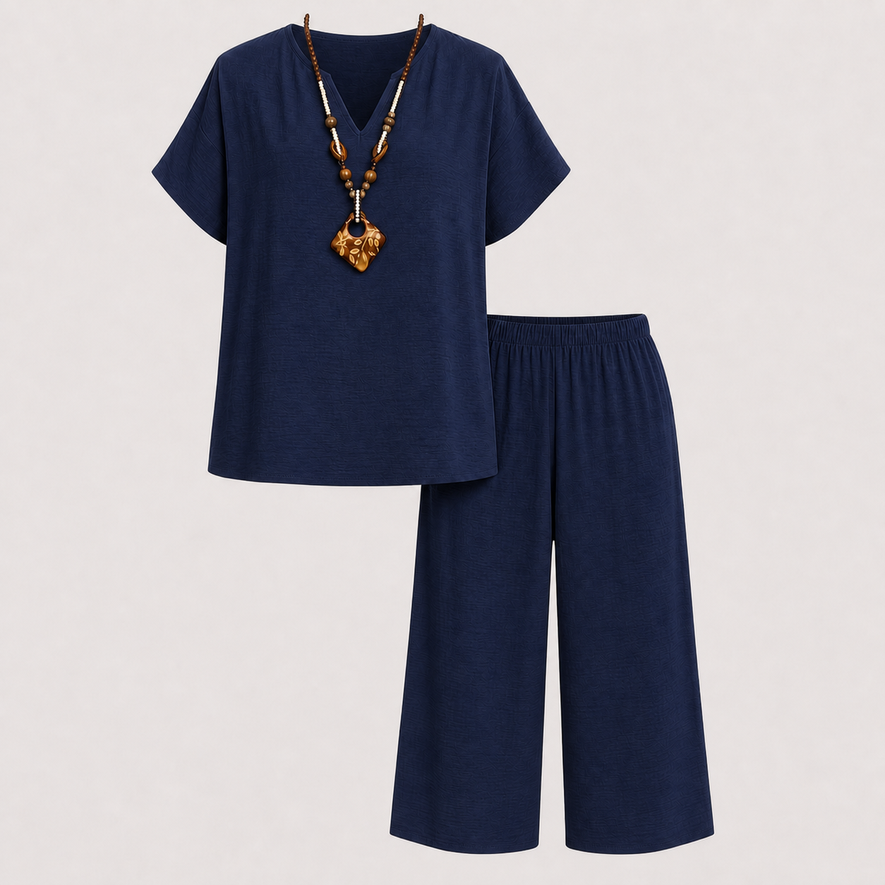 Navy Blue textured V-neck top and capri pants set