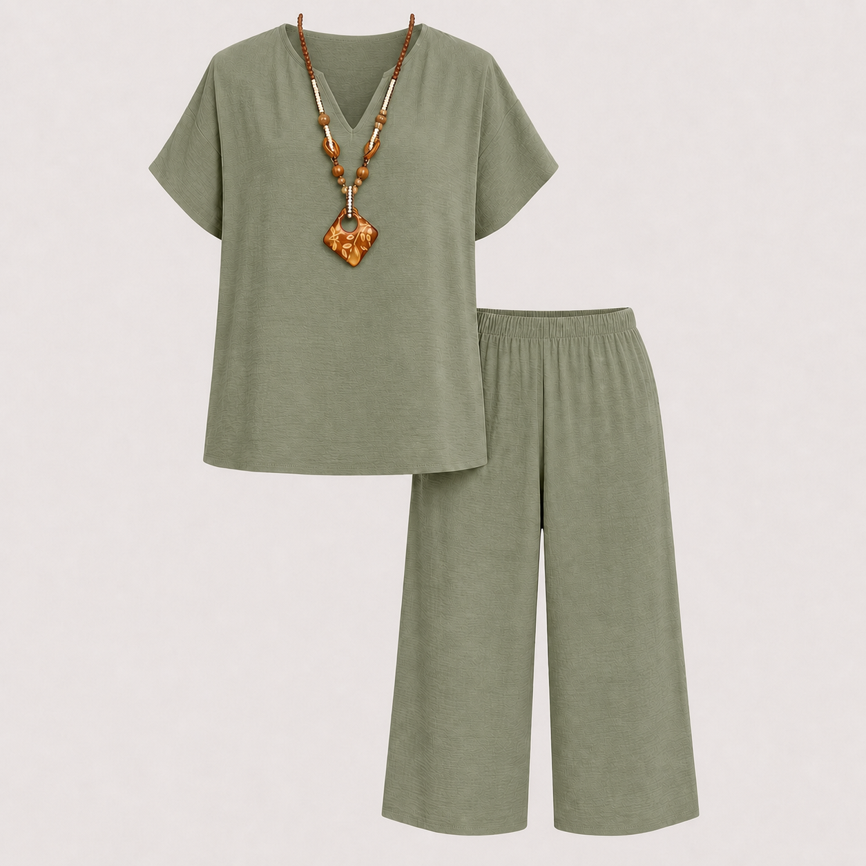 Olive Green textured V-neck top and capri pants set