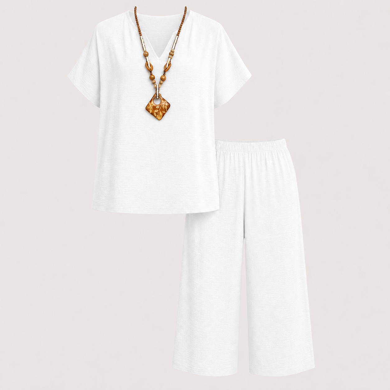 White textured V-neck top and capri pants set