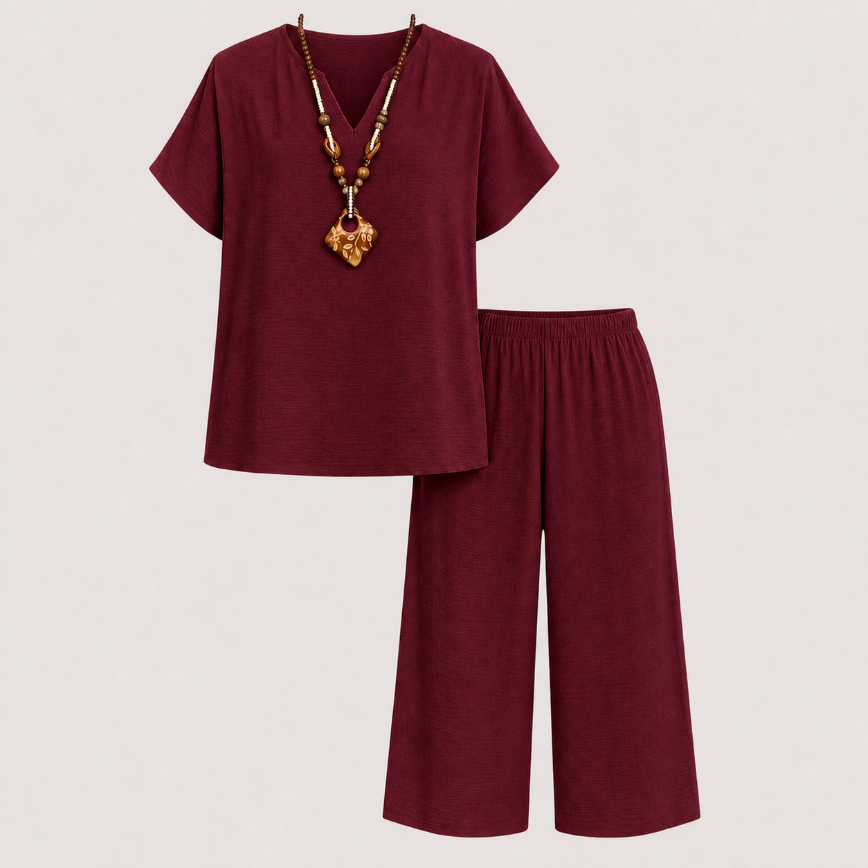 Wine Red textured V-neck top and capri pants set