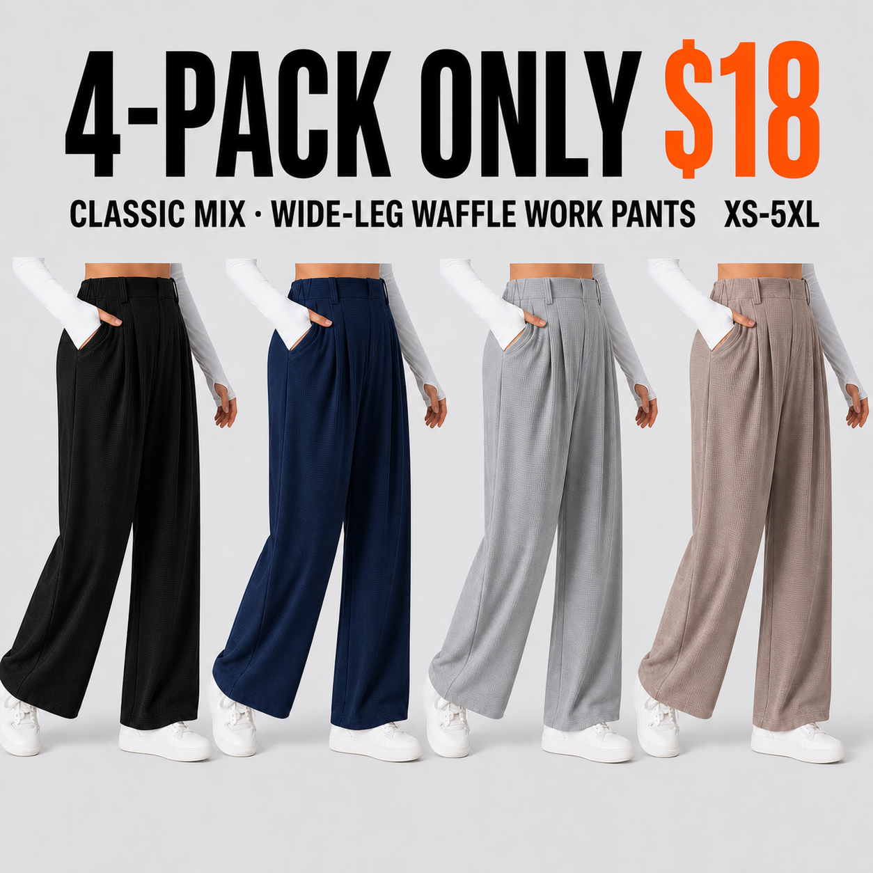 4-Pack Classic Mix women's waffle wide-leg work pants for $18