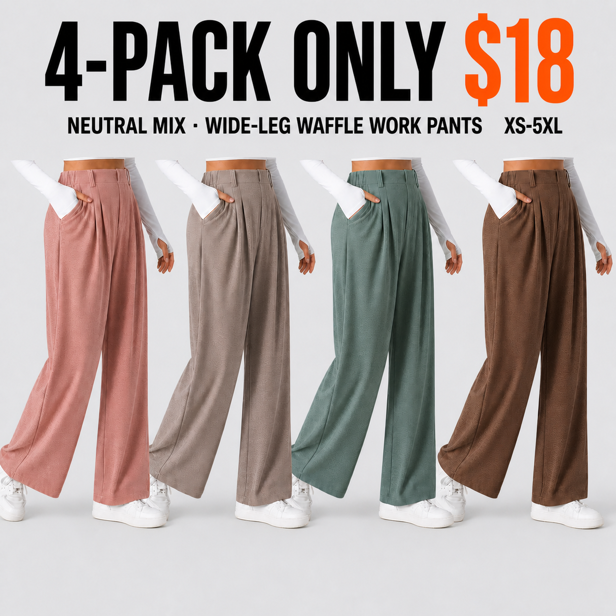 4-Pack Neutral Mix women's waffle wide-leg work pants for $18
