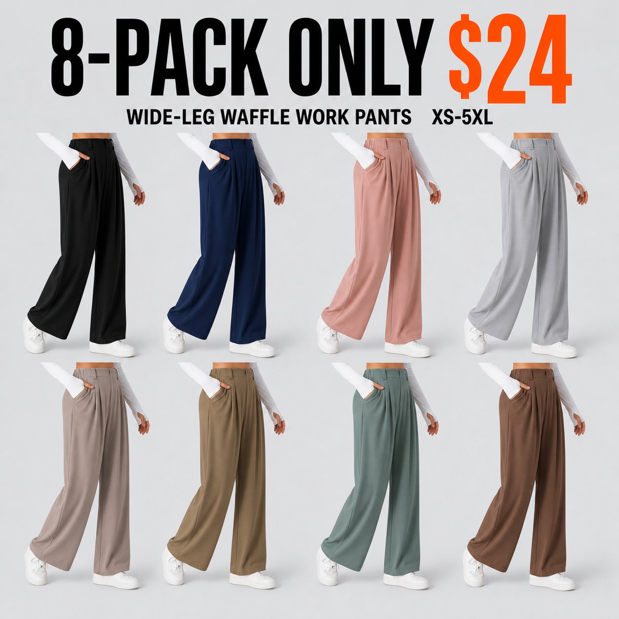 8-Pack Assorted Mix women's high-waisted waffle wide-leg work pants for $24