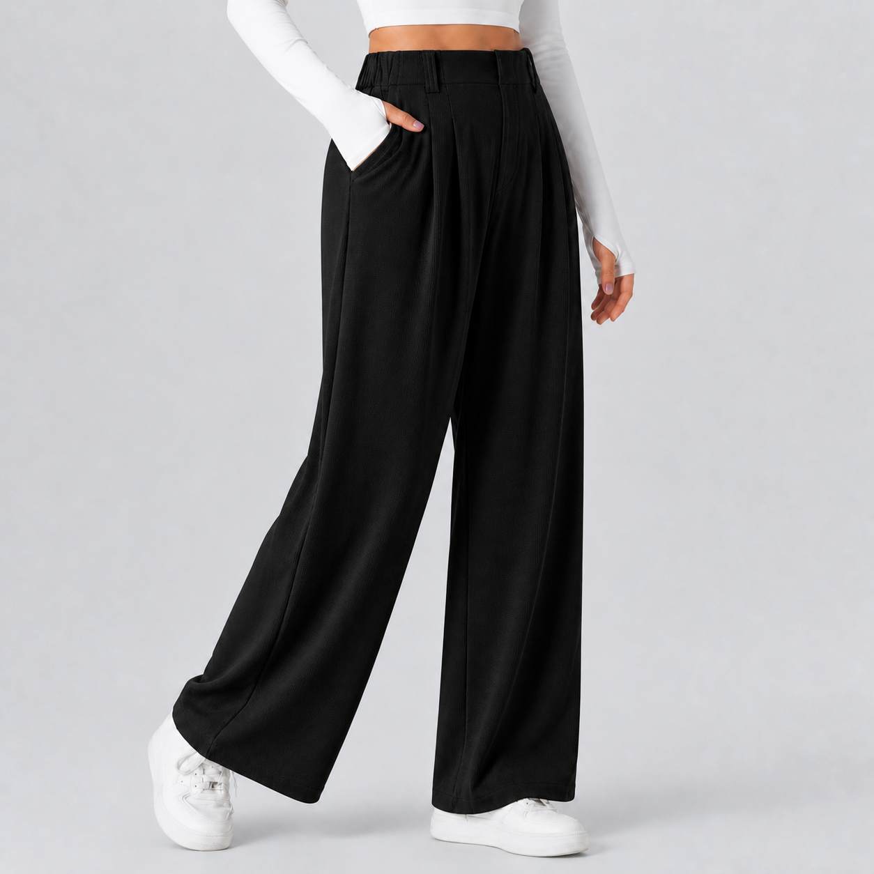 Black women's high-waisted waffle wide-leg work pants 8-pack