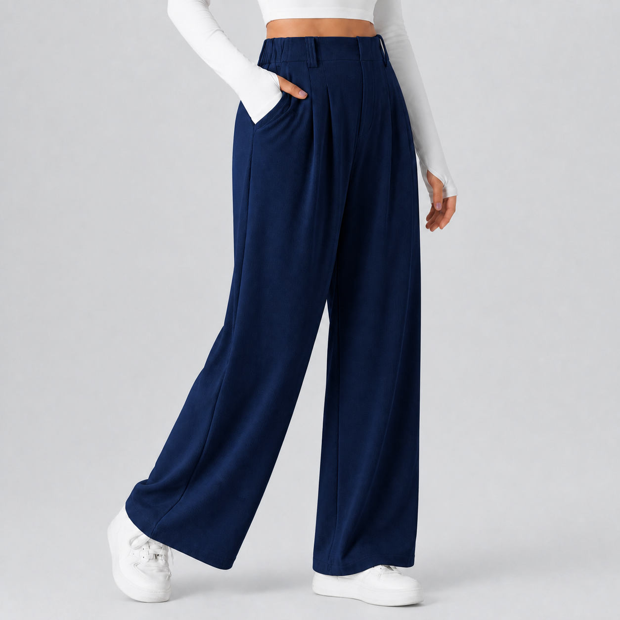 Dark Blue women's high-waisted waffle wide-leg work pants 8-pack