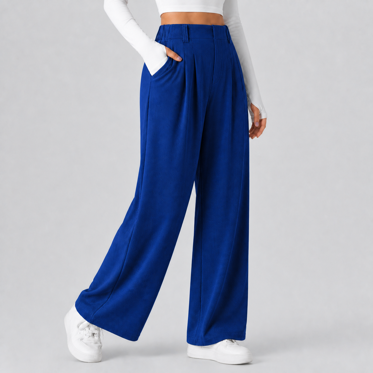Deep Sapphire Blue women's high-waisted waffle wide-leg work pants 8-pack