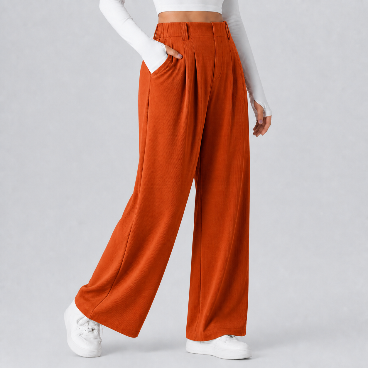 Saturated Orange women's high-waisted waffle wide-leg work pants 8-pack