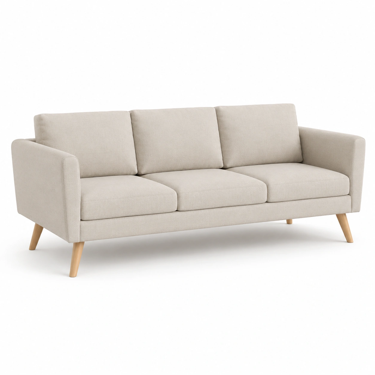 Sofa de tela beige de 3 plazas con patas de madera-vivoranest