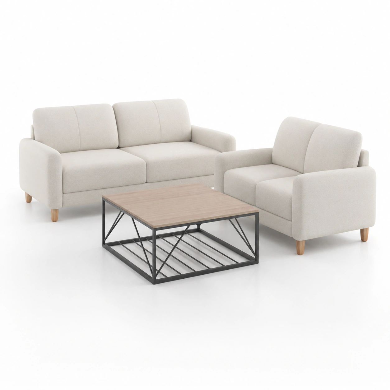 Conjunto de sofa de 2 y 3 plazas color marfil con mesa de centro-vivoranest