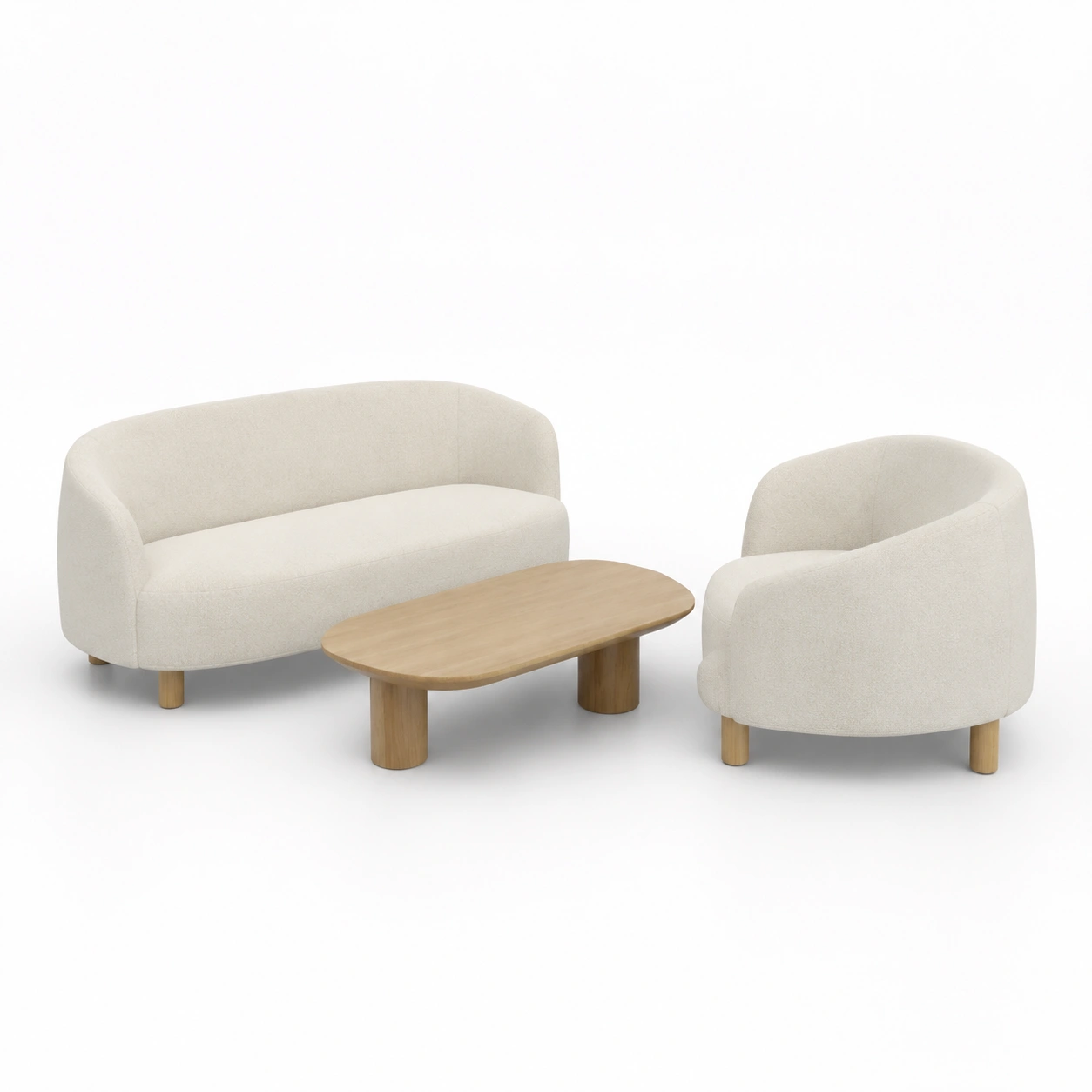 Conjunto de sofa curvo y sillon individual color marfil-vivoranest