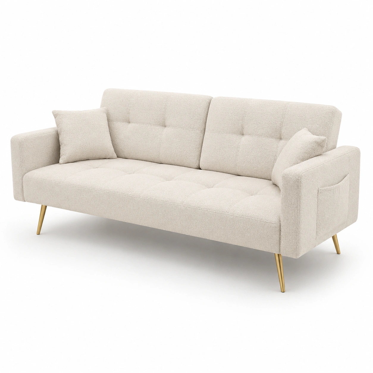 Sofa de 3 plazas color marfil con patas doradas-vivoranest