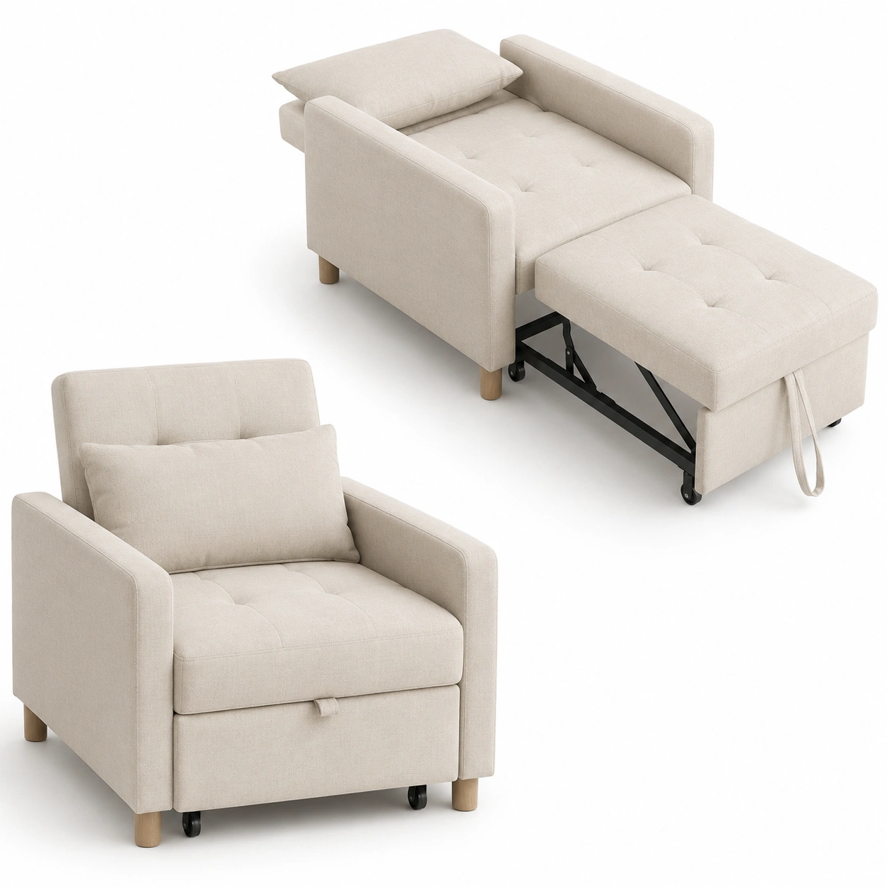 Sillon cama individual plegable tapizado beige-vivoranest
