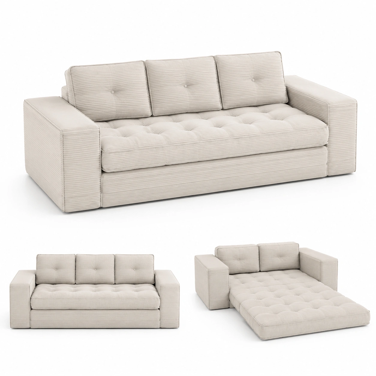 Sofa cama de 3 plazas de pana color marfil-vivoranest