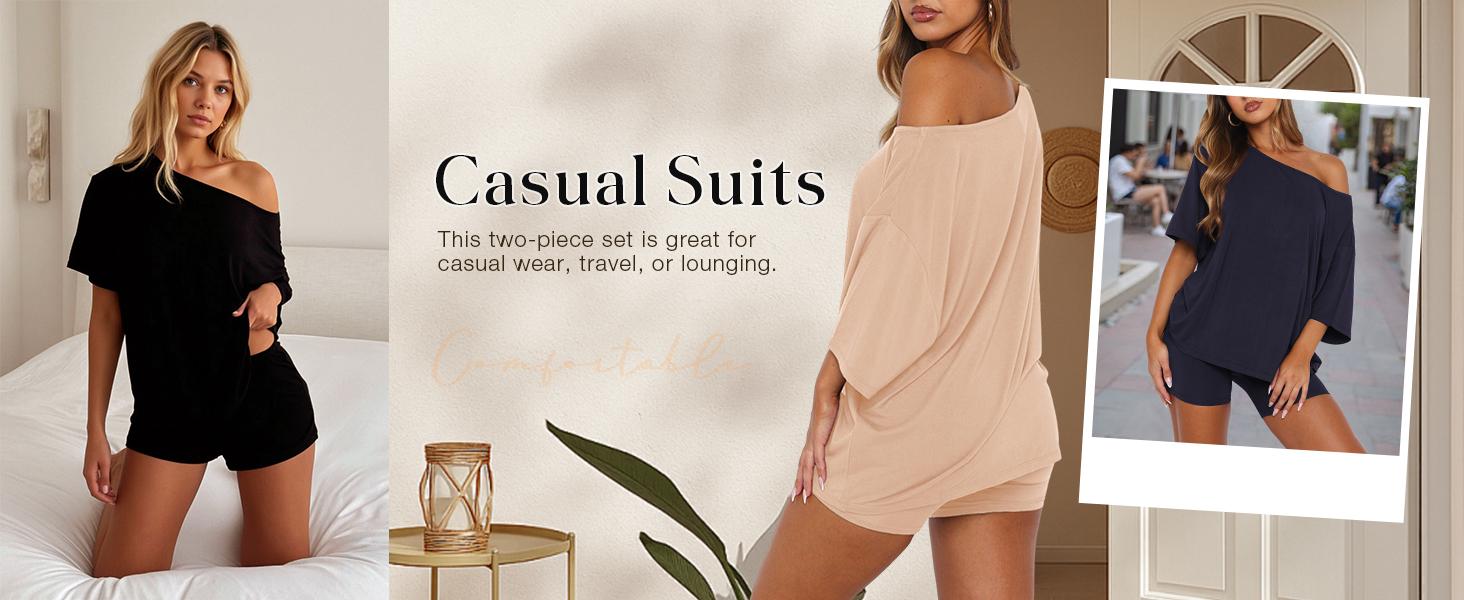 Fisoew Women’s Casual Two Piece Lounge Set Off Shoulder Top & Fitted Shorts Springtok