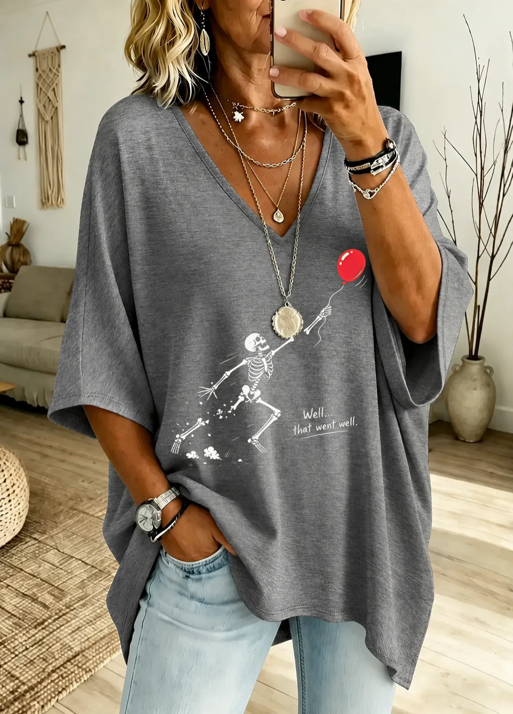 Women'S "Skeleton Lost Balloon" Loose-Fit Pure Cotton V-Neck T-Shirt