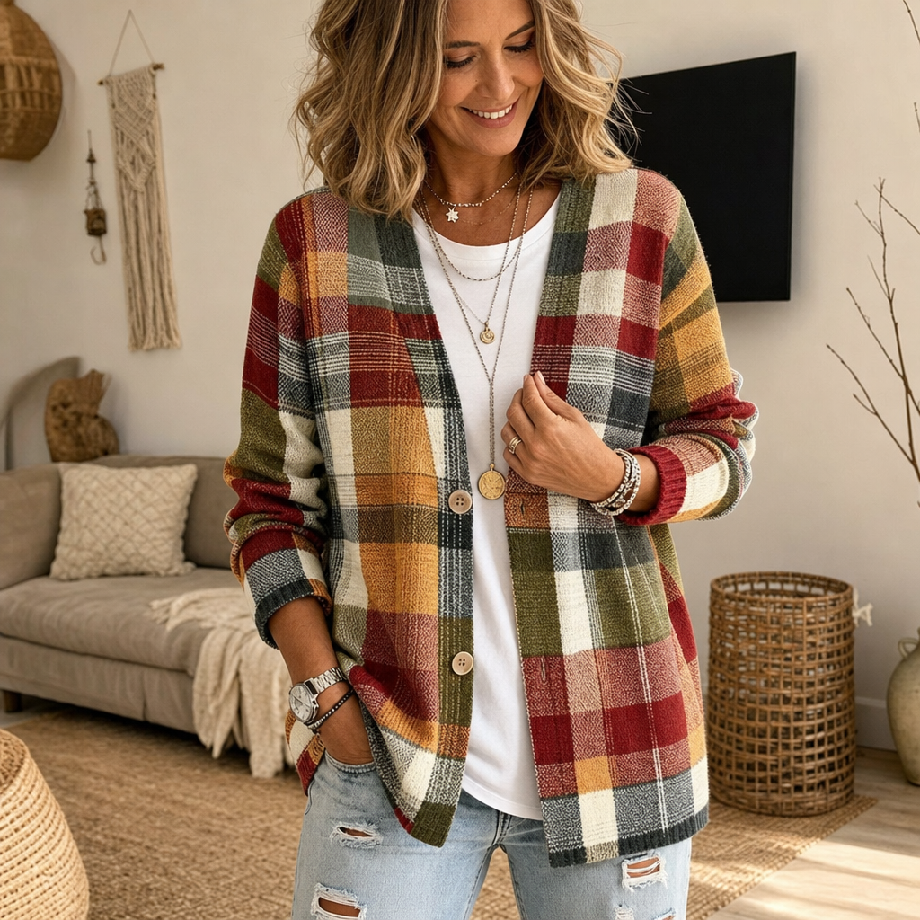 Women's Casual Button Front Plaid Print Cardigan