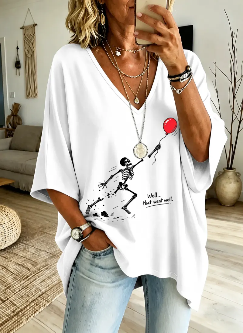 Women'S "Skeleton Lost Balloon" Loose-Fit Pure Cotton V-Neck T-Shirt