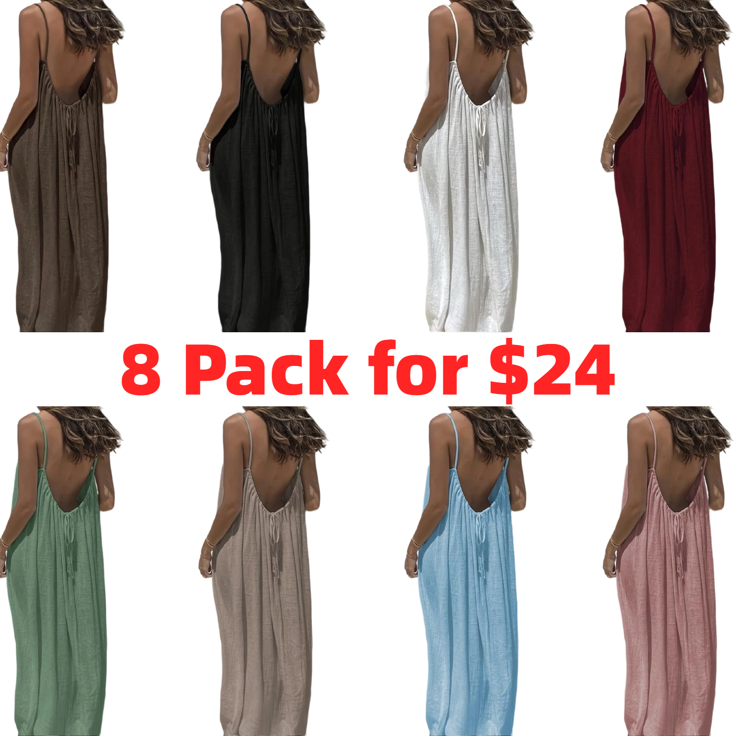 Women's Cotton Linen Backless Loose Dress with Pockets