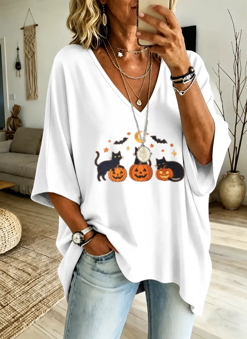 Women'S "Black Cats Pumpkins" Loose-Fit Pure Cotton V-Neck T-Shirt