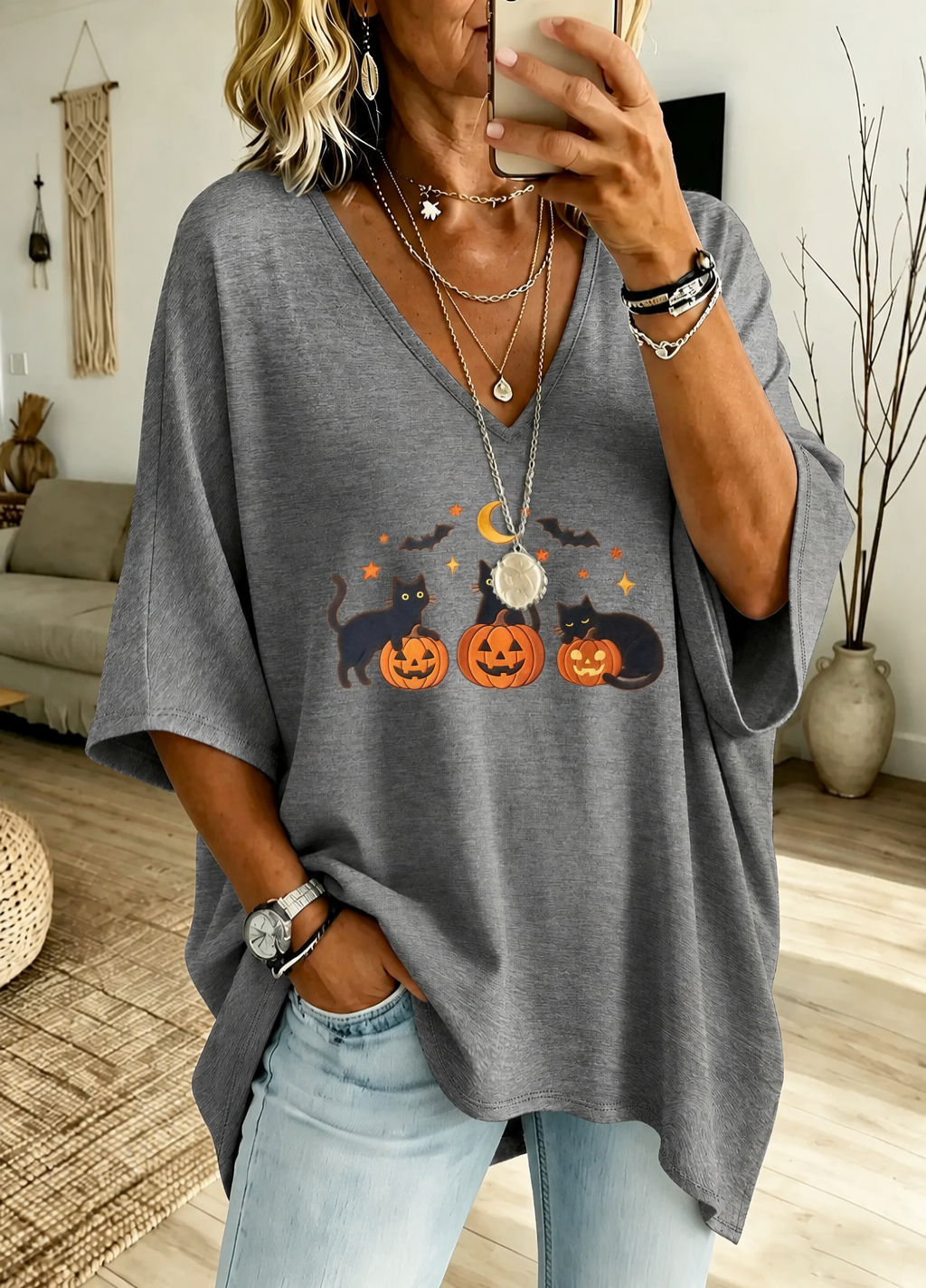 Women'S "Black Cats Pumpkins" Loose-Fit Pure Cotton V-Neck T-Shirt