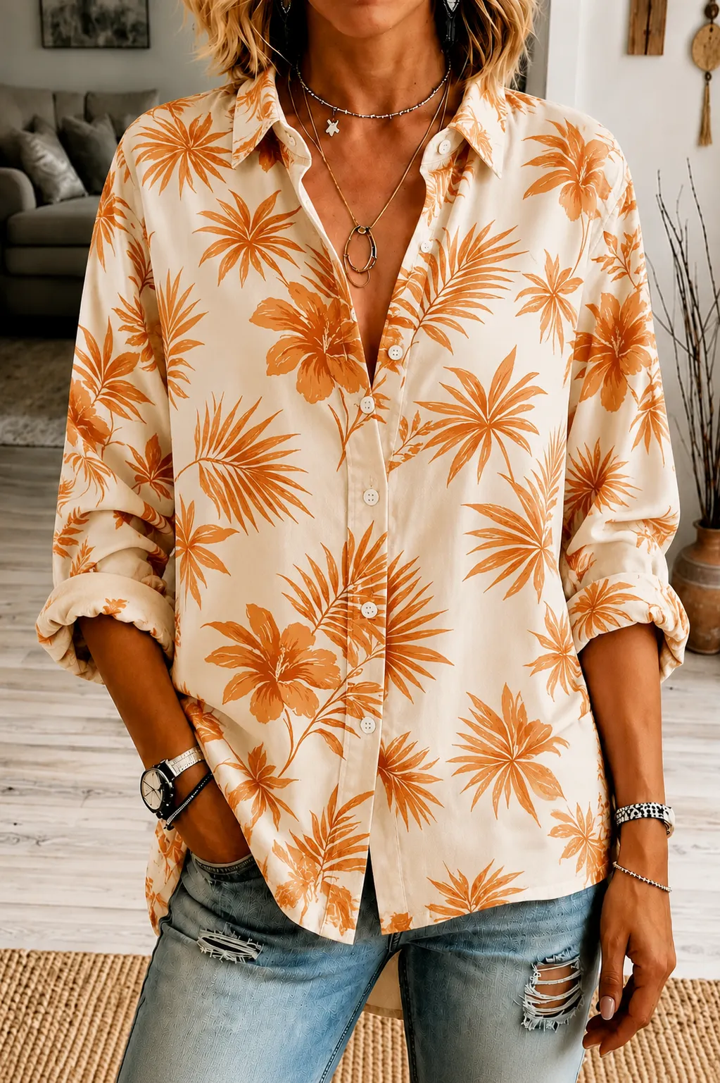 Women Floral Shirt Collar Long Sleeve Shirt Printing Vintage Daily Spring/Fall Top