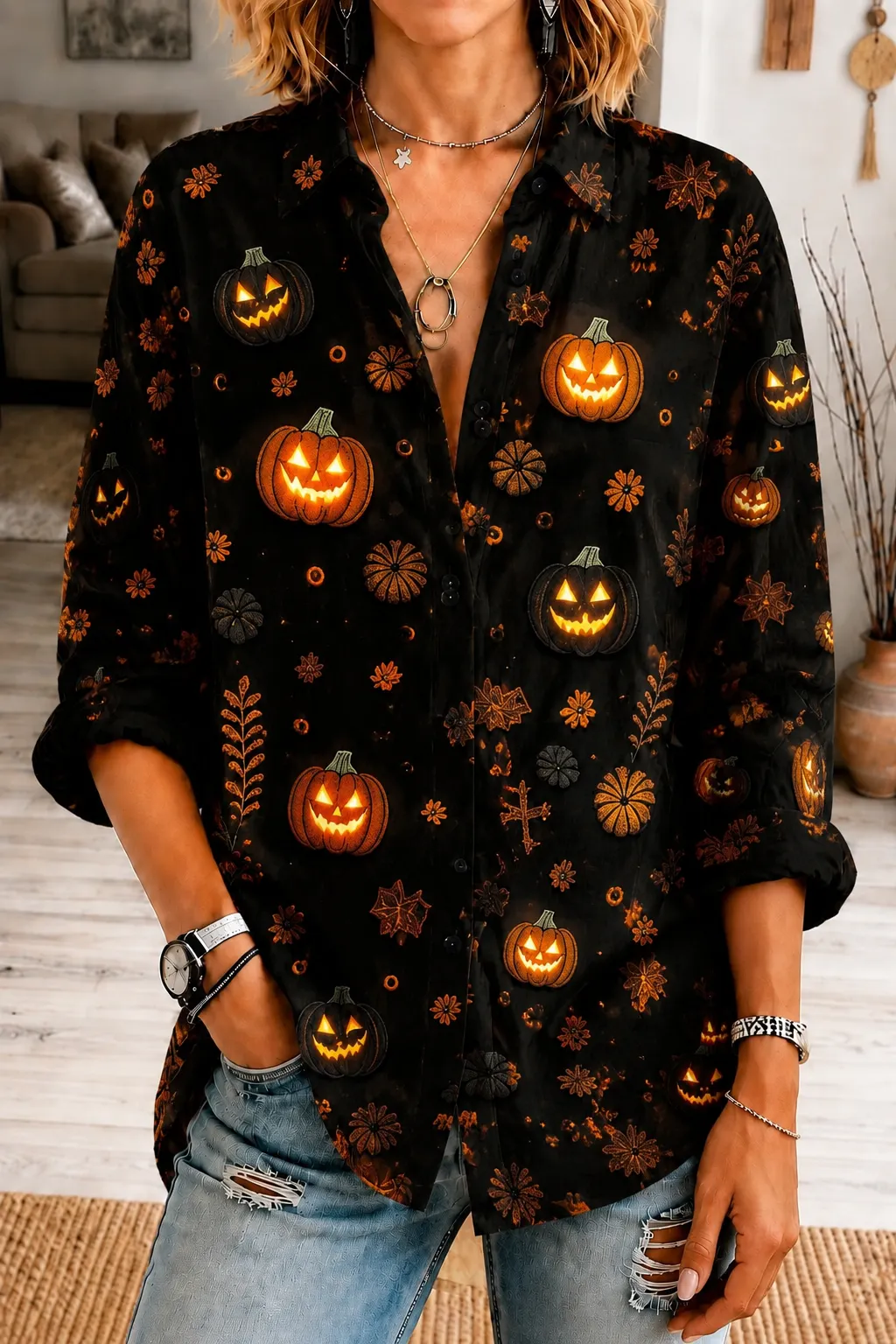 Women's Gothic Style Element Print Shirt Collar Long Sleeve Shirt Printing Vintage Daily Top