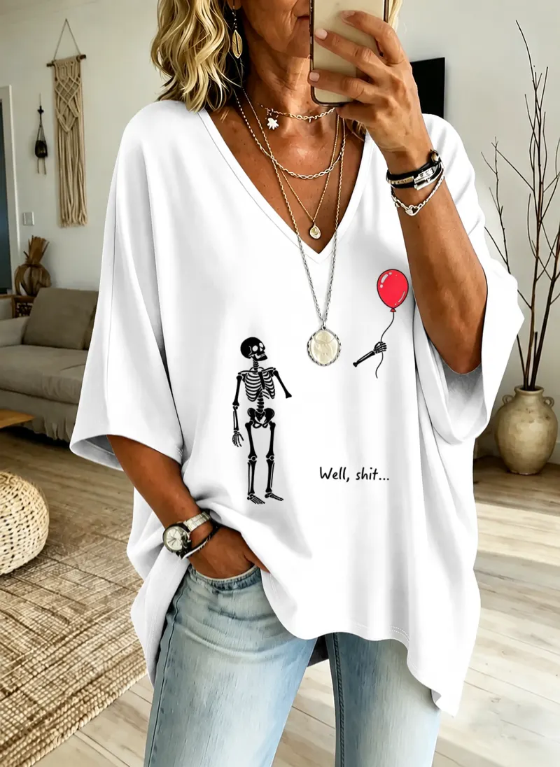 Women'S "Skeleton Lost Balloon" Loose-Fit Pure Cotton V-Neck T-Shirt