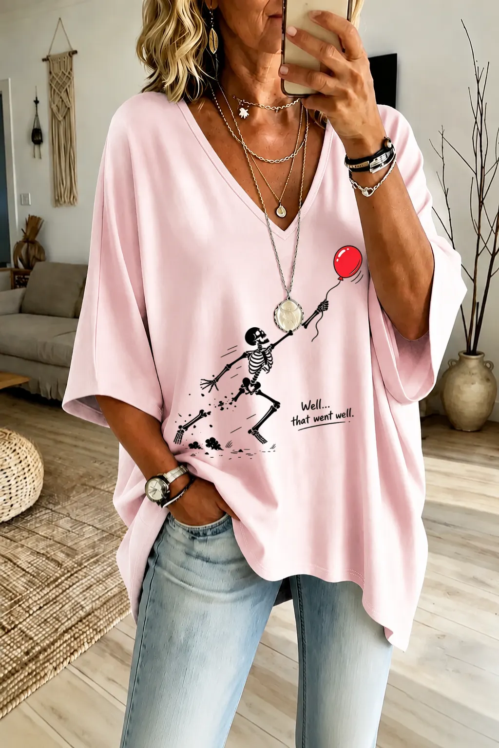 Women'S "Skeleton Lost Balloon" Loose-Fit Pure Cotton V-Neck T-Shirt