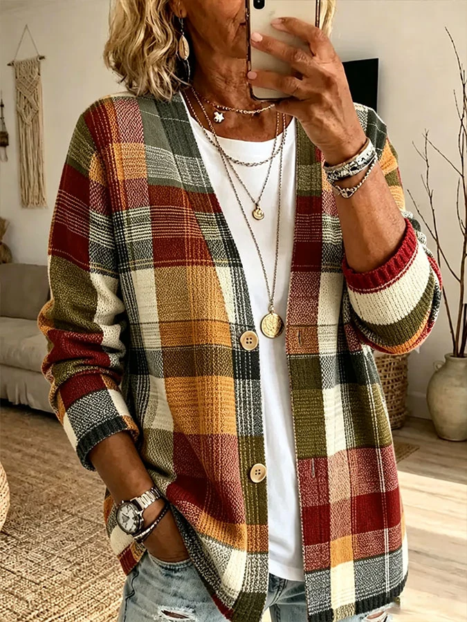 Women's Casual Button Front Plaid Print Cardigan