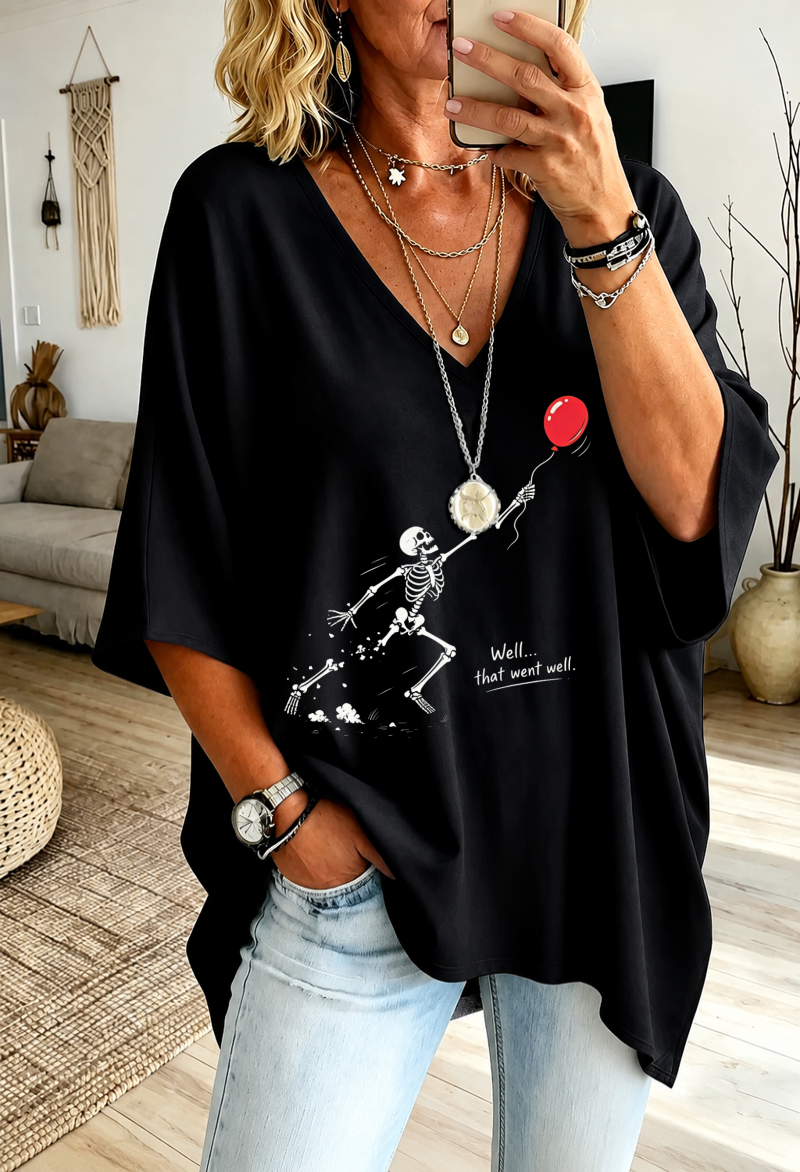 Women'S "Skeleton Lost Balloon" Loose-Fit Pure Cotton V-Neck T-Shirt