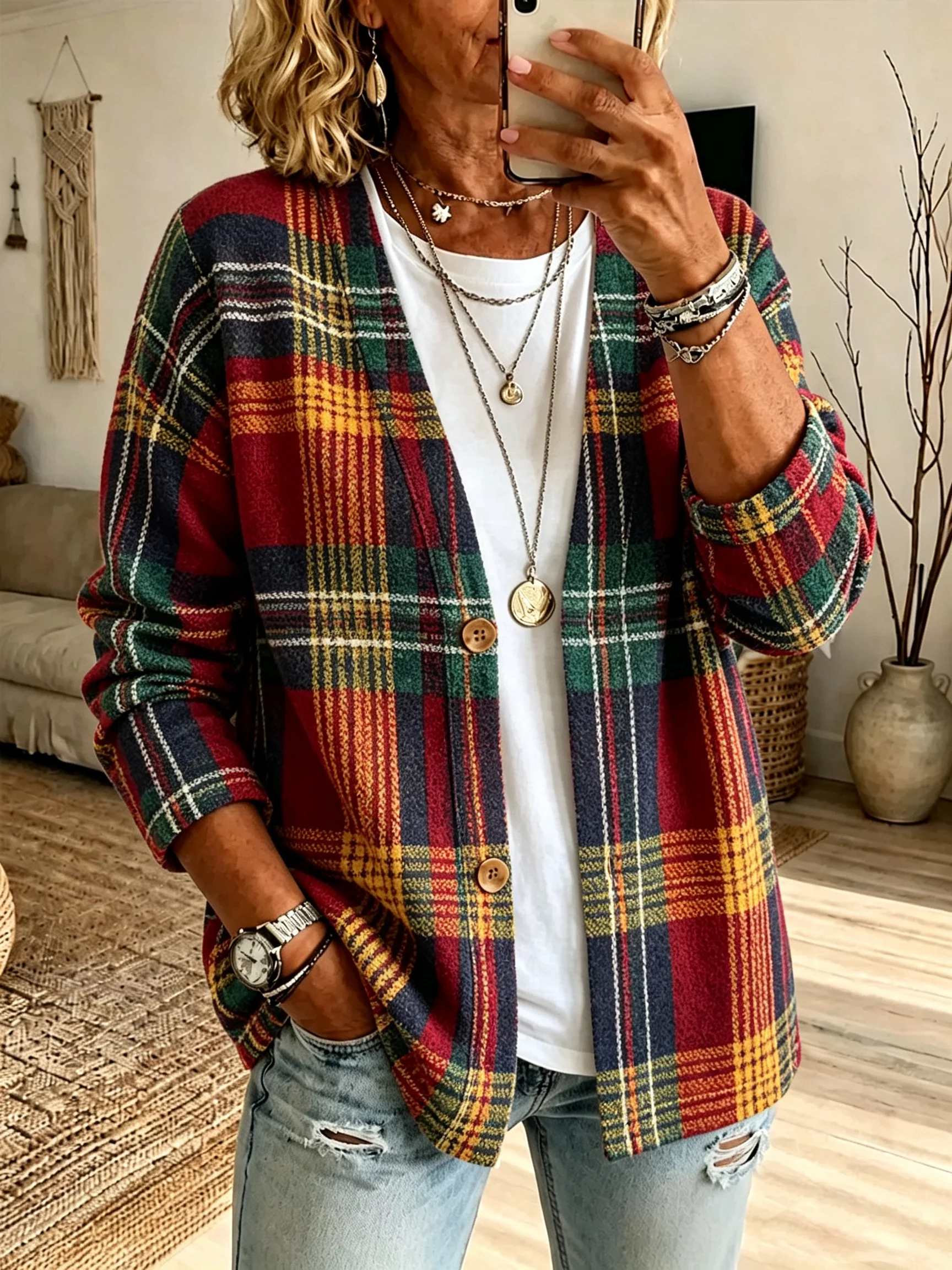 Women's Fall Plaid Patchwork Cardigan Outerwear